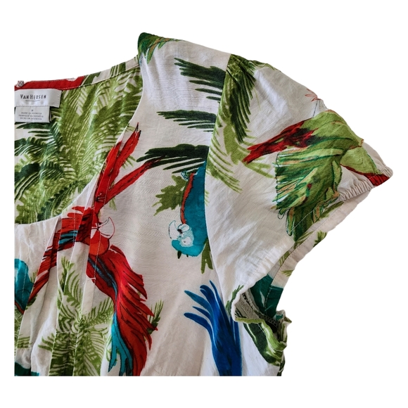 Vintage Style Pleated Front Cap Sleeve Coloful Tropical Parrot Blouse Size M - Picture 6 of 6
